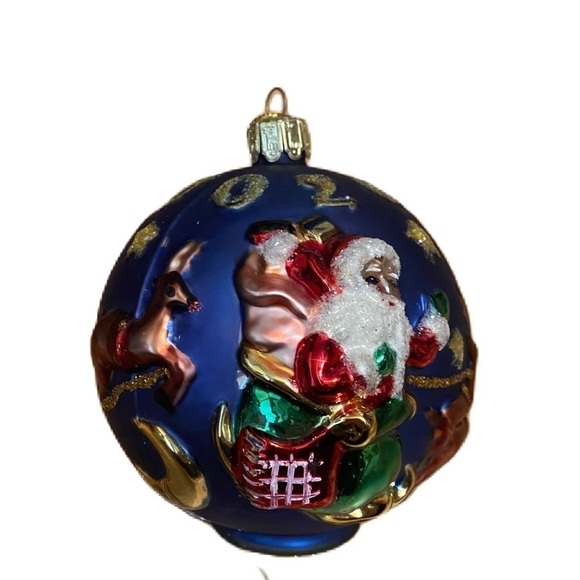 Millennium 2020 Vintage European Blown Glass Ball Ornament Santa Reindeer Blue - Picture 1 of 8